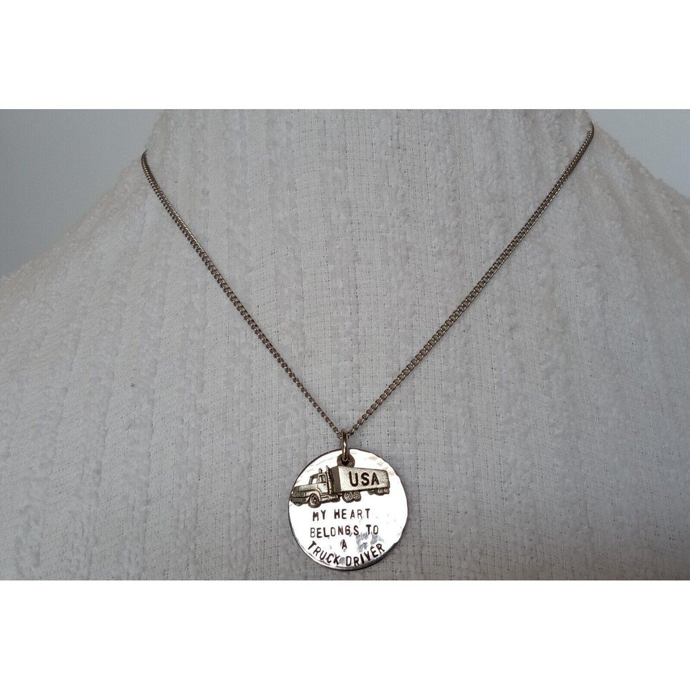 Silvertone Hand Stamped "My Heart Belongs To A Truck Driver" Necklace 18 in